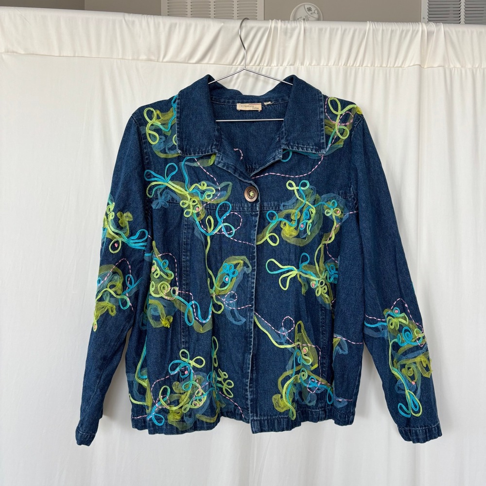 90s Vintage Choices Denim Jacket 1X Abstract Neon Mesh Applique Funky Chic Artsy